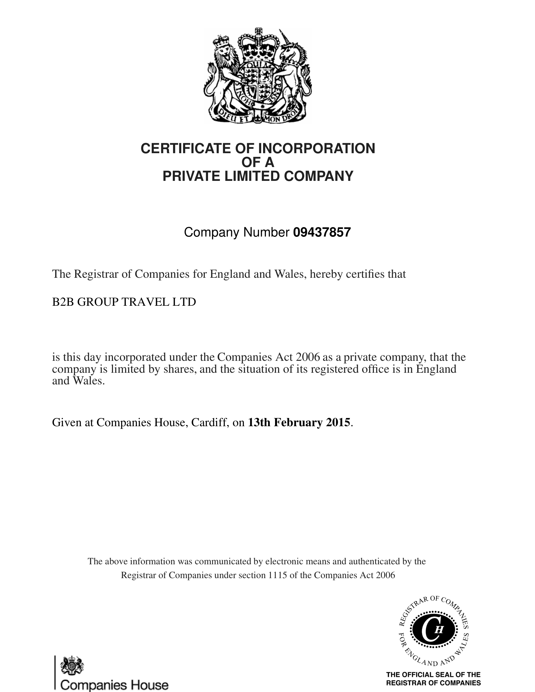 شهادة تأسيس شركة B2B GROUP TRAVEL LTD الصادرة عن Companies House برقم 09437857 بتاريخ 13 February 2015